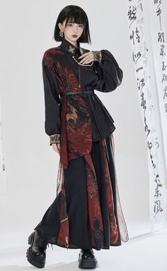 Dunhuang-Deer Spirit Born in Flame New Qi Lolita Style Shirt and Trousers Chinese Style Outfit, Chinese Fashion Casual, Chinese Inspired Outfits, Majestic Outfits, Shanghai Street Style, Dnd Clothes, Modern Chinese Fashion, Kimono Patterns, Chinese Attire