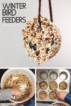 two pictures of birdseed feeders being made