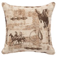 a decorative pillow with horses, cowboys and lasso on the front is shown in brown