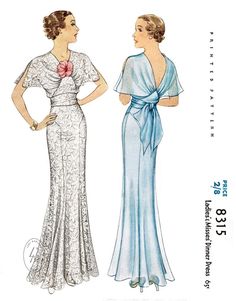 two women in evening gowns, one with a bow on the back