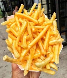 a person holding up a paper plate full of french fries on the side of the street