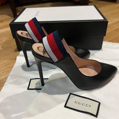 New With Box Gorgeous Gucci Heels In Black Leather. Has Red, White, And Blue Slingbacks With A Smooth Overall Leather With Pointy Almond Toe. Comes In Original Box, Two Shoe Dust Bags, Extra Heel Caps, And Care Card. Elevate Any Look With These Timeless Gucci Heels! Retails For $715. Style:524646. Message Me If You Have Any Questions! Black Leather Gucci Slingback Pumps, Gucci Black Slingback Pumps With Heel Strap, Black Gucci Slingback Pumps With Heel Strap, Gucci Black Slingback Pumps, Gucci Black Slingback Pumps For Party, Black Gucci Slingback Pumps For Party, Designer Leather Slingback Pumps, Chic Black Gucci Slingback Pumps, Gucci Ankle Strap Slingback Pumps For Party