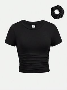 Negro Casual Collar   Liso  Embellished Elástico Ligero Outfit With Short Sleeve Shirt, Black Shirt Cropped, Cute Shirts For School, Plain T Shirt Outfit, Black Crop Shirt, Black And White Clothes, Teen Tops