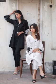 Black Summer Formal Set, Cotton Suits For Semi-formal Summer Events, Summer Cotton Suits With Long Sleeves, Black Embroidered Cotton Sets, Semi-formal Cotton Suit For Summer, White Cotton Sets For Workwear, Elegant Black Cotton Lawn Suit, Semi-formal Summer Cotton Suit, Classic Black Office Sets