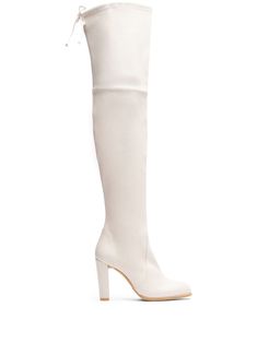 off-white calf leather above-knee length tie-top fastening pull-on style high heel almond toe branded leather insole leather sole White Leather Knee-high Boots With Reinforced Heel, Elegant White Knee-high Boots, Elegant Over-the-knee Heeled Boots For Spring, Elegant White Knee-high Heeled Boots, Elegant Over-the-knee Boots For Spring, White Leather High Heel Knee-high Boots, Elegant White Leather Knee-high Boots, Elegant White Knee-high Boots With Pointed Toe, Elegant Thigh High Boots For Spring