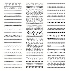 a large set of hand drawn doodles and lines on white paper, each with different shapes