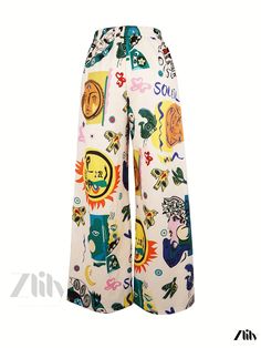 Zlily - Womens Graphic Print Straight Leg Pants with Elastic Waist and Dual Pockets - Casual and Stylish Apparel Pants With Elastic Waist, Fall Care, Pattern Blocks, Straight Leg Pants, High Waisted Pants, Autumn Summer, Summer Fall, Bohemian Style, Leg Pants