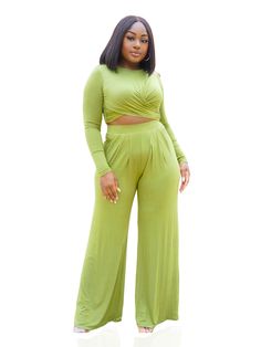 SHE'S TOP TIER WIDE LEG PANTS SET (FINAL SALE). Wide Leg Sets For Fall, Stretch Wide Leg Pant Set, Wide Leg Stretch Pant Set, Solid Color Stretch Wide Leg Pant Set, Green Stretch Sets For Fall, Stretch Green Sets For Fall, Green Matching Set For Fall, Fall Green Matching Set, Fitted Green Pant Set For Loungewear