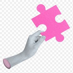 a pink puzzle piece being held up by a person's hand, on a transparent background