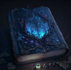 an open book sitting on top of a table next to a candle and some rocks