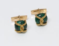 Cartier Malachite Gold Cufflinks. Vintage Cartier malachite yellow gold cufflinks. Round cufflinks twisted gold rope design surrounds the malachite with whale backs. Formal Malachite Jewelry With Polished Finish, Retro Gifts, Cartier Jewelry, Gold Cufflinks, Vintage Cufflinks, Rope Design, Original Clothes, Stone Design, Cuff Links