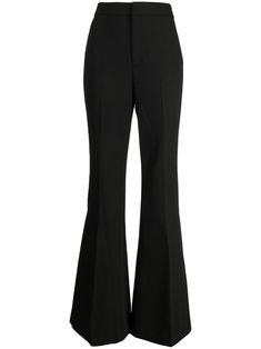 black stretch-design pressed crease tonal stitching high-waisted flared concealed front fastening two side inset pockets two rear welt pockets Flared Trousers, High Waisted Flares, Bell Bottom Pants, Flare Trousers, Black Stretch, Welt Pockets, Bell Bottoms, Bottoms Pants, Welt Pocket