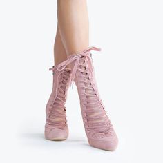 Our made-to-order customer provided this style. Booties For Women, Pink High Heels, Pink Boots, Victorian Lace, Silver Flats, Lace Up Booties, Velvet Lace, Suede Lace, Pink Suede