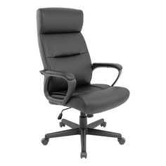 an office chair with black leather upholstered back and arms, viewed from the front