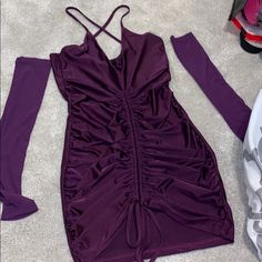 Plum Bodycon Dress With Optional Sleeves Size Medium; Never Worn! Stretch Purple Mini Dress For Evening, Stretch Dresses For Date Night, Stretch Purple Mini Dress, Purple Stretch Dress For Club, Purple Knee-length Bodycon Party Dress, Cheap Purple Knee-length Bodycon Dress, Stretch Purple Ruched Dress, Purple Stretch Ruched Dress, Long Sleeve Purple Bodycon Dress For Club