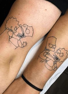 two people with tattoos on their legs and one has a simpsons tattoo on his arm