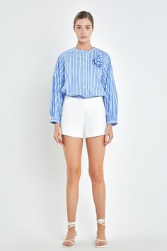 Loose fit striped shirt, featuring round neckline, neck band, placket with button, raglan, puff long sleeves, and a corsage at chest. Hand wash cold, Do not bleach, Do not tumble dry, Iron low Shell: 70% Cotton, 27% Nylon, 3% Spandex Spring Cotton Blouse With Striped Sleeves, Spring Long Sleeve Blouse With Striped Collar, Spring Blouse With Striped Collar And Long Sleeves, Spring Striped Long Sleeve Blouse, Spring Blouse With Striped Long Sleeves, Spring Long Sleeve Blouse With Striped Sleeves, Spring Long Sleeve Shirt With Striped Collar, White Long Sleeve Blouse With Striped Collar, Casual Blouse With Striped Sleeves For Spring