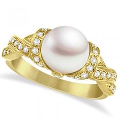 Freshwater Cultured Pearl & Diamond Ring 14k Yellow Gold .25ctw (8mm) Mabe Pearl Jewelry, Beautiful Promise Rings, Pearl Diamond Ring, Silver Pearl Ring, Sterling Silver Jewelry Rings, Pearl And Diamond Ring, Diamond Fashion Rings, Diamond Rings Bands, Pearl Diamond