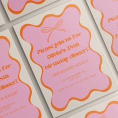 pink and orange birthday party cards with dragonfly on them for children's birthday