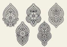 four black and white ornamental designs on a beige background, each with an intricate design