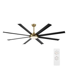 a ceiling fan with five black blades and a remote control in front of the light