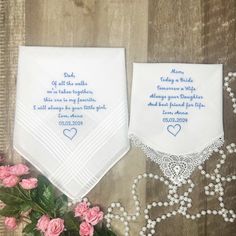 Beautiful 100% cotton handkerchief is perfect Wedding Gift for couple, Groom, Bride, Parents of the Bride, Parents of the Groom, Bridesmaids, Guests.   Materials: 100% premium cotton Color: white Custom Handkerchief, Embroidered Wedding Handkerchiefs, Personalized Wedding Hanky with Custom Text, Wedding Keepsake, Wedding Mementos Gift   Embroidered Wedding Handkerchiefs for Mom and  Dad, Mother of the Bride Wedding Gift with Custom Text, Wedding Keepsake Gift from Daughrer Dimensions:  men's style - 16in X 16in men's (no lines) - 16in X 16in scalloped edge - 10,5in X 10,5in lace 1 corner - 10,5in X 10,5in lace border - 10,5in X 10,5in  Please double check your custom text, date, spelling.  If you need your order super ASAP: 1. Rush order (the same day shipping) click here https://sewandglo Wedding Gift Handkerchiefs With Embroidered Text For Mother's Day, White Wedding Handkerchiefs With Custom Embroidery, White Handkerchiefs With Custom Embroidery For Wedding, Wedding Handkerchiefs With Machine Embroidery, White Embroidered Text Handkerchief Wedding Gift, Cotton Handkerchiefs With Embroidered Text For Gift, Embroidered Text Cotton Handkerchiefs For Gifts, Cotton Handkerchiefs With Embroidered Text As Gift, White Cotton Handkerchiefs For Gifts