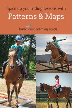 a book cover with photos of children riding horses and the title spice up your riding lessons with patterns & maps