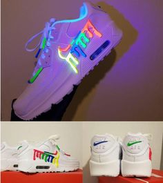 😍Wow They Literally Glow Customized  airmax 90 3d colourful glow in the dark shoes with luminous neon ticks. ❤️Best gift for your loved ones. ❤Each pair is uniquely painted and one of a kind. ❤Painted waterproof and scratchproof. ❤We add a free blacklight torch for you to charge your shoes. ❤The custom design is luminous can absorb light and glow in the dark.  ❤️They can be charged by sun during the day or you can use black light torch. Each pair are made to order and will take around 5-8 days Glow In The Dark Shoes, Custom Jordan Shoes, Dark Shoes, Custom Jordan, Stomach Tattoos Women, Brick Art, Tie Sneakers, Stomach Tattoos, Cute Nike