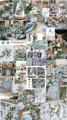 a collage of blue and white wedding colors with flowers on the table, plates and napkins