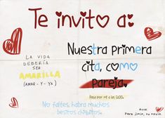 a piece of paper that has writing on it with hearts and words written in spanish