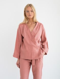 "DELILAH is a linen kimono wrap top. DETAILS - Long wide sleeves - Front side tie closure - 100% lightweight European linen fabric - Cut and sewn to order just for you in our studio COLOR - Salmon Pink, you can also choose other colors above - Fabric samples are available here https://www.etsy.com/listing/586569696/linen-fabric-samples SIZING & FIT - Relaxed, loose fit - Length is approximately 26.5 inches / 67 cm - Bust is approximately 19 inches / 48 cm - Measurements taken from a size S - Linen V-neck Outerwear For Work, Spring Linen Outerwear With Kimono Sleeves, Spring Workwear Wrap Top, Spring Wrap Top For Workwear, Spring Linen Wrap Outerwear, Lounge Wear Stylish, Kimono Wrap Top, Capsule Wardrobe Planning, Womens Blouses Summer