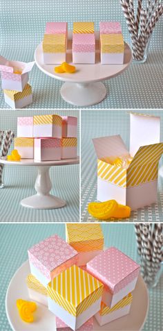 four different pictures of small boxes on a plate with yellow and pink paper in them