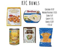 some food items are shown with the words kfc bowls on it and below them