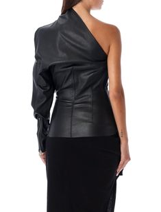 65% lamb leather, 34% cotton, 1% spandex Fitted Leather Jacket For Evening, Elegant Leather Tops For Office, Elegant Leather Tops For Formal Occasions, Elegant Leather Formal Tops, Elegant Formal Leather Tops, Leather Fitted Jacket For Party, Designer Fitted Leather Jacket, Luxury Fitted Tops For Fall, Elegant Leather Tops For Night Out