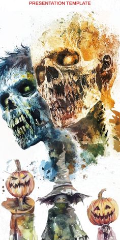 a watercolor painting of two halloween pumpkins and a skull on the cover of a magazine