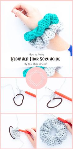 crocheted hair scrunchie is shown with the instructions to make it