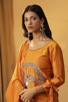 Rust orange straight kurta with beads and stones embroidered bird motif. Paired with lotus hand painted dupatta and solid straight pant. - Aza Fashions Painted Dupatta, Jayanti Reddy, Anushree Reddy, Anamika Khanna, Diana Penty, Rohit Bal, Women Kurta, Embroidered Bird, Tarun Tahiliani