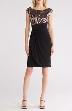 Get your look party ready in this fitted faux-wrap dress that draws attention your way thanks to the sequined bodice. 40" length (size 8) Slips on over head Jewel neck Short sleeves Lined 96% polyester, 4% spandex Hand wash, dry flat Imported Elegant Ruched Sequin Evening Dress, Formal Sequin Sheath Bodycon Dress, Evening Bodycon Dress With Surplice Neckline, Evening Dresses With Draped Sequins, Ruched Sequin Evening Dress, Draped Sequin Dress For Evening, Cocktail Dress With Sequins And Surplice Neckline, Elegant Bodycon Sequin Dress With Contrast Sequin, Fitted Draped Dresses With Sequins