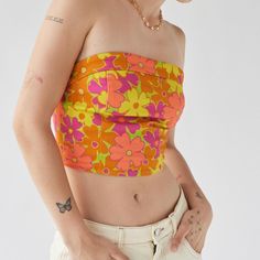 Urban Outfitters Floral Top Bustier-Style Top From Another Girl In An Oversized Floral Print. Ultra-Cropped And Fitted Style With A Strapless Silhouette. Finished With A Zip Closure At The Back. Multi Boho, Skater, Y2k, Retro, Deadstock Summer Floral Print Cropped Crop Top, Summer Floral Print Cropped Top, Summer Printed Cropped Crop Top, Printed Summer Crop Top, Printed Cropped Summer Crop Top, Y2k Sleeveless Tube Top For Summer, Y2k Bandeau Tube Top For Spring, Summer Y2k Strapless Tube Top, Y2k Strapless Tube Top For Summer