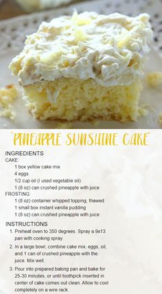 a recipe for pineapple sunshine cake on a plate