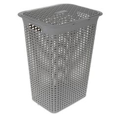 a grey trash can with holes on the side and bottom, in front of a white background