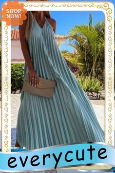 Breeze Slip Pleated Maxi Dress Casual Pleated Summer Dresses, Summer Pleated V-neck Dress, Summer Casual Maxi Dress For Date Night, Casual Maxi Dress For Date Night In Summer, Casual Summer Maxi Dress For Date Night, Pleated V-neck Maxi Dress For Beach, V-neck Pleated Maxi Dress For Beach, V-neck Pleated Beach Maxi Dress, Summer Pleated A-line Maxi Dress