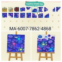 three different pictures of an easel with blue and purple paint on it