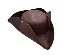 Distressed Brown Pirate Tricorne Hat Tricorn Faux Leather Colonial Costume Ahoy Matey! If ye have a need for pillaging and swearing then ya might be a pirate. This faux distressed leather hat will have ye looking like a true pirate. One size fits most so any of ye who wish to give the sea life a try can do so. So grab your own sword and set sail with this stylish hat. Channel your inner swashbuckler with the Nicky Bigs Novelties Pirate Tricorn Hat. This classic three-cornered cocked cap is perfe Colonial Costume, Pirate Hat, Ahoy Matey, Leather Hat, Pirate Hats, Leather Hats, Stylish Hats, Set Sail, Distressed Leather