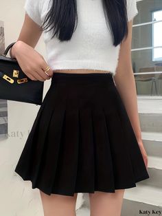 Katykey - Exquisite High-Waisted Pleated Skirt: A Casual A-Line Mini Skirt for Womens Fashion High Waisted Pleated Skirt, Cute Fabric, A Line Mini Skirt, Black Women Fashion, Polyester Material, Pleated Skirt, Black Fashion, Mini Skirt, A Line