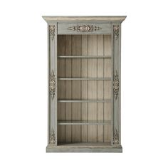 an old wooden bookcase with carvings on the front and sides, painted in grey