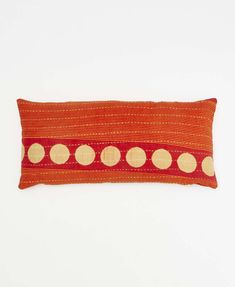 orange lumbar pillow with tan & red polka dot print made from upcycled vintage cotton saris in India Orange Lumbar Pillow, Kids Nursery Decor, Down Feather, Quilted Pillow, Vintage Kantha, Linen Shop, Lumbar Throw Pillow, Upcycled Vintage, Vintage Pillows