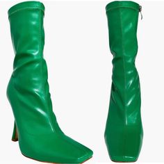 Check Out This Gorgeous Pair Of Kelly Green Zipper Boots With Heel. New Never Worn Spring Wide Calf High Heeled Boots, Wide Calf High Heel Boots For Spring, Spring Faux Leather High Heel Boots, Spring Faux Leather High Heeled Boots, High Heel Mid-calf Boots For Spring, Spring Mid-calf High Heel Boots, Mid-calf High Heel Boots For Spring, Spring High Ankle Faux Leather Boots, Spring Mid-calf High Ankle Boots With Reinforced Heel