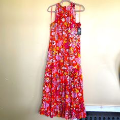 Nwt, Gorgeous Vince Camuto High Necked, Drop Waist, Sleeveless Maxi Sundress Size Large Floral Pattern With Coral Base Color And Yellow, Red, Pink, Magenta, Lavender, And White Flowers 100% Rayon Smoke Free Home Vibrant Halter Neck Spring Dress, Vibrant Sleeveless Maxi Dress For Spring, Orange Sleeveless Sundress For Spring, Orange Sleeveless Maxi Dress For Spring, Yellow Halter Neck Sleeveless Dress For Spring, Red Sleeveless Sundress For Garden Party, Vibrant Sleeveless Maxi Dress For Garden Party, Vibrant Orange Sleeveless Maxi Dress, Vibrant Sleeveless Floral Print Dress