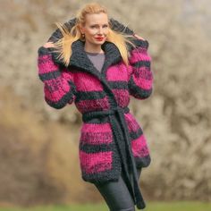 "Brand: SuperTanya; Style: hand knitted mohair cardigan; Material: premium class mohair; Color: Black and purple Design: Striped design mohair cardigan; Size: L-XL Body length, measured from the shoulder top to the bottom end: 29.5″ / 75 cm; Chest width, measured at the back, between the underarms: 22″ / 56 cm; Sleeve length, measured from the neckline to the end of the cuff: 30.3\" / 77 cm Net weight 1.820 kg *All measurements are taken with the item laid flat and not stretched. The top quality Pink Mohair Winter Outerwear, Pink Mohair Outerwear For Fall, Cozy Pink Mohair Outerwear, Hand Knitted Mohair Outerwear, Winter Hand Knitted Purple Cardigan, Handmade Purple Winter Cardigan, Handmade Purple Winter Sweater, Cardigan Handmade, Mohair Cardigan